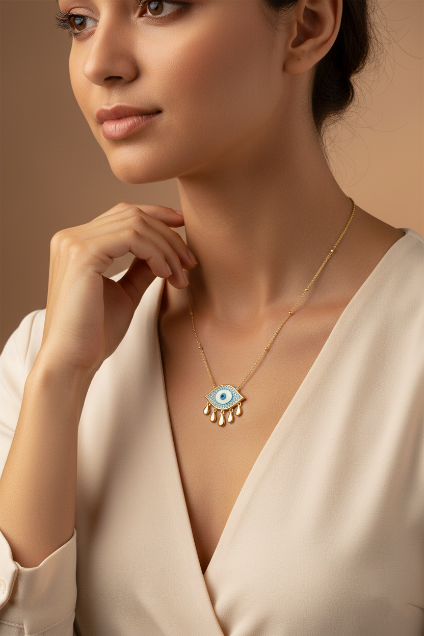 Evil Eye Charm Necklace Yellow Gold with Multicolor Stone Accents-Saleh Sallom