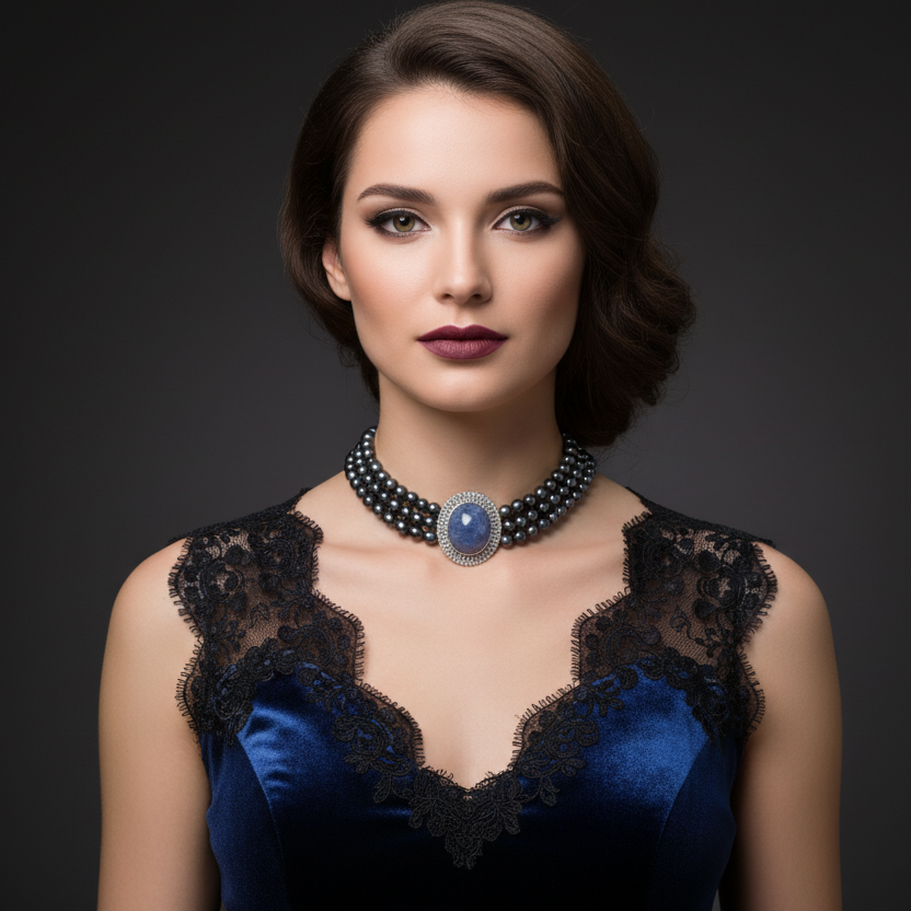 Three-Strand Natural Black Pearl Necklace with Blue Cabochon Center and Diamond Halo-Saleh Sallom
