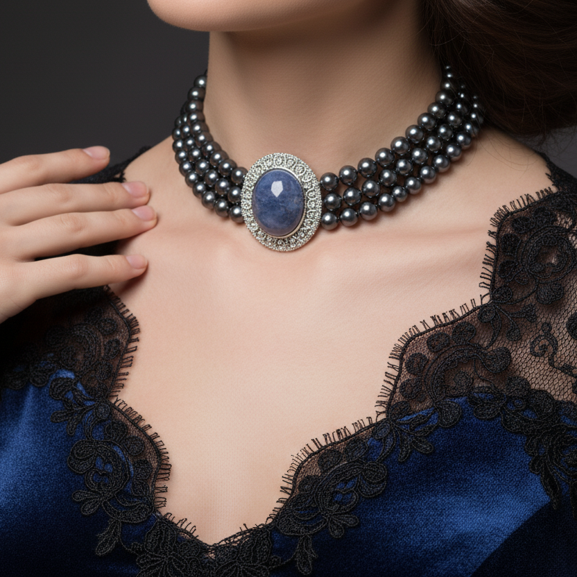 Three-Strand Natural Black Pearl Necklace with Blue Cabochon Center and Diamond Halo-Saleh Sallom