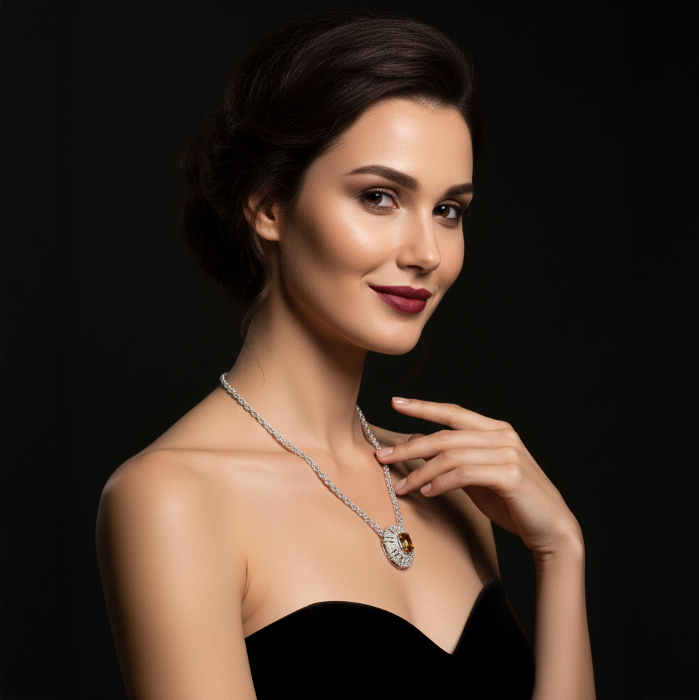 Oval Yellow Gemstone & Diamond Halo Necklace in 18K White Gold-Saleh Sallom