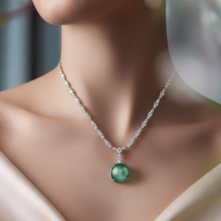 Natural Green Quartz & Diamond Statement Necklace | 48.53 CT Green Quartz | 4.20 CT Natural Diamonds | IGI Certified | 18K White Gold