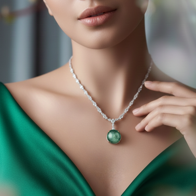 Natural Green Quartz & Diamond Statement Necklace | 48.53 CT Green Quartz | 4.20 CT Natural Diamonds | IGI Certified | 18K White Gold