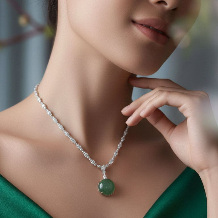 Natural Green Quartz & Diamond Statement Necklace | 48.53 CT Green Quartz | 4.20 CT Natural Diamonds | IGI Certified | 18K White Gold
