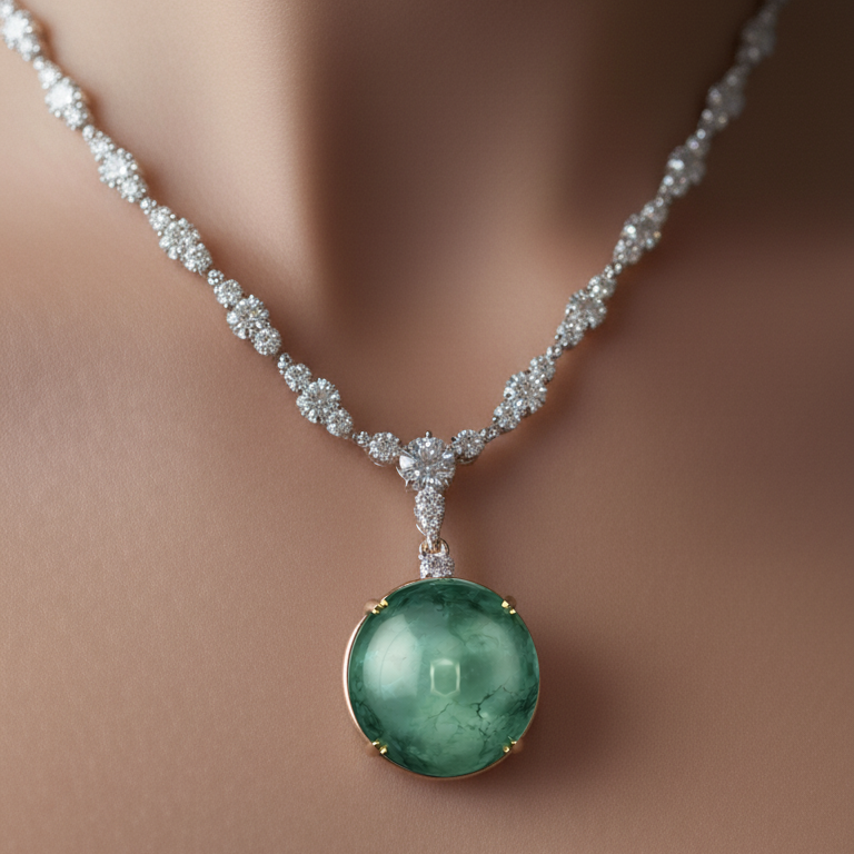 Natural Green Quartz & Diamond Statement Necklace | 48.53 CT Green Quartz | 4.20 CT Natural Diamonds | IGI Certified | 18K White Gold