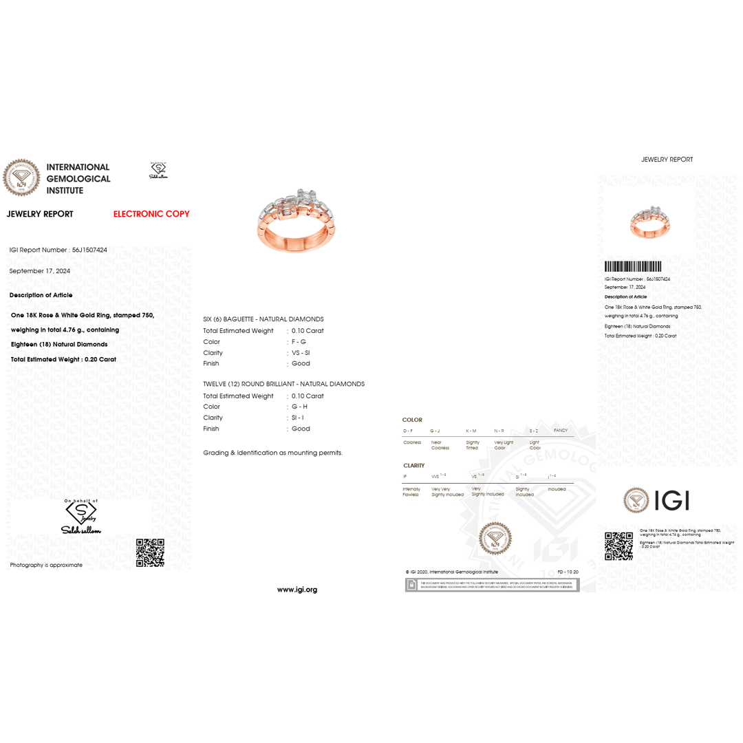 IGI Certified Natural Diamond Ring | 0.20 CT Baguette & Round Diamonds | 18K Rose & White Gold | Saleh Sallom