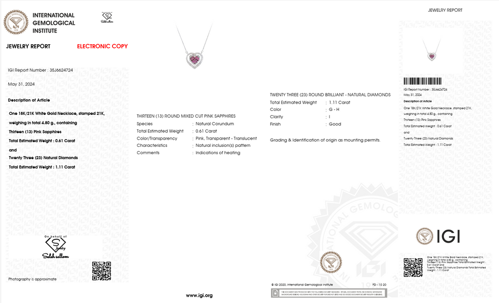 White Gold Heart Necklace with Natural Diamonds & Pink Sapphires (IGI Certified)-Saleh Sallom