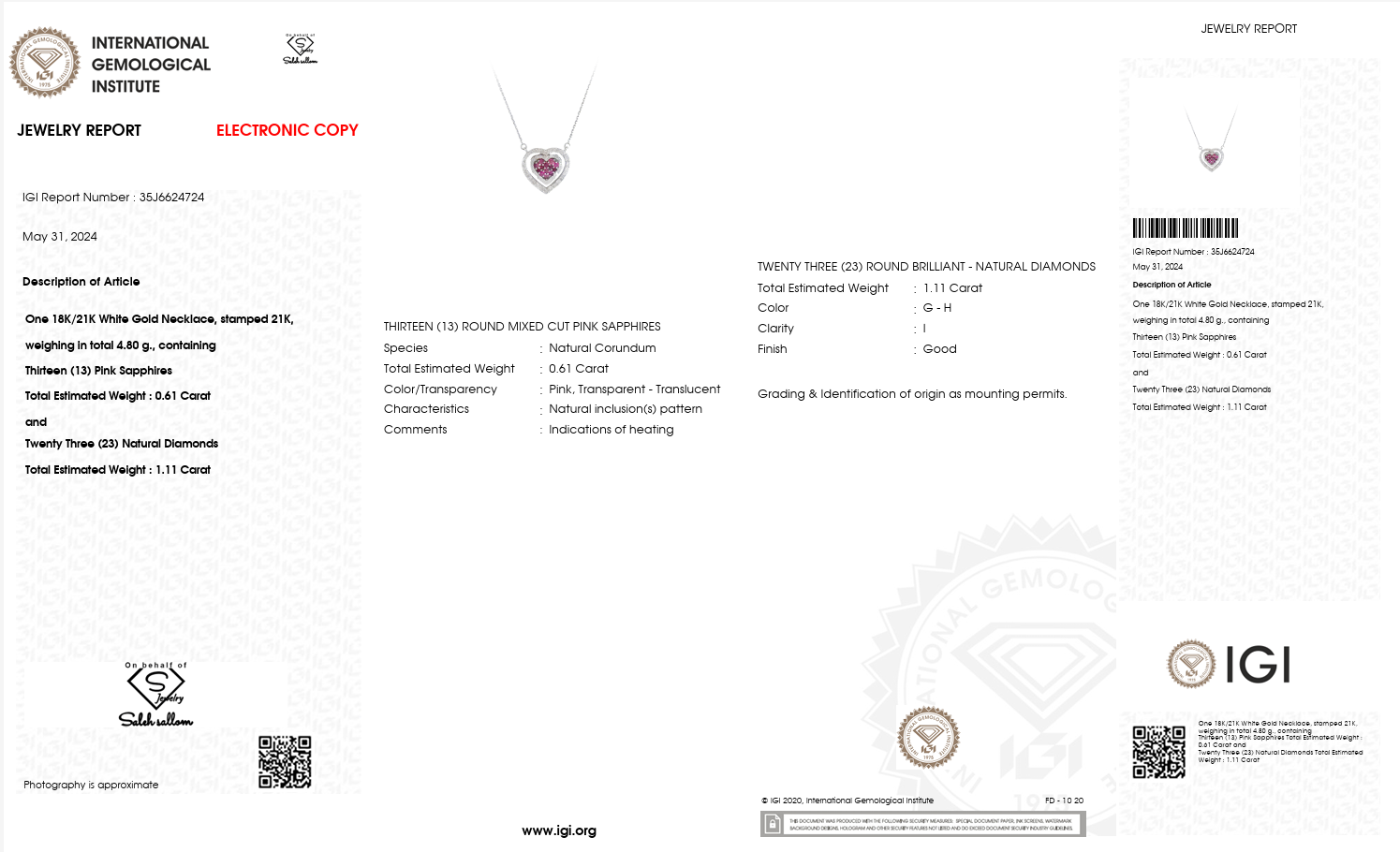White Gold Heart Necklace with Natural Diamonds & Pink Sapphires (IGI Certified)-Saleh Sallom