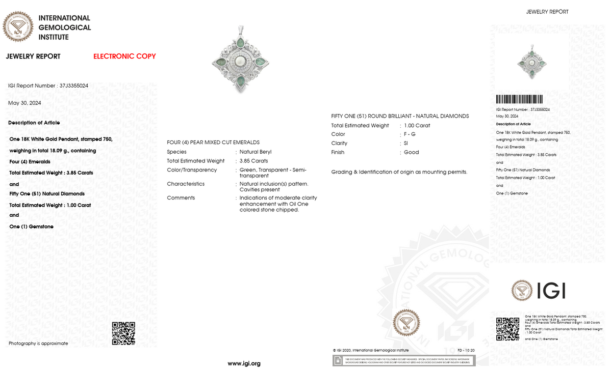 18K White Gold with Natural Emeralds, Diamonds & Pearl-Saleh Sallom