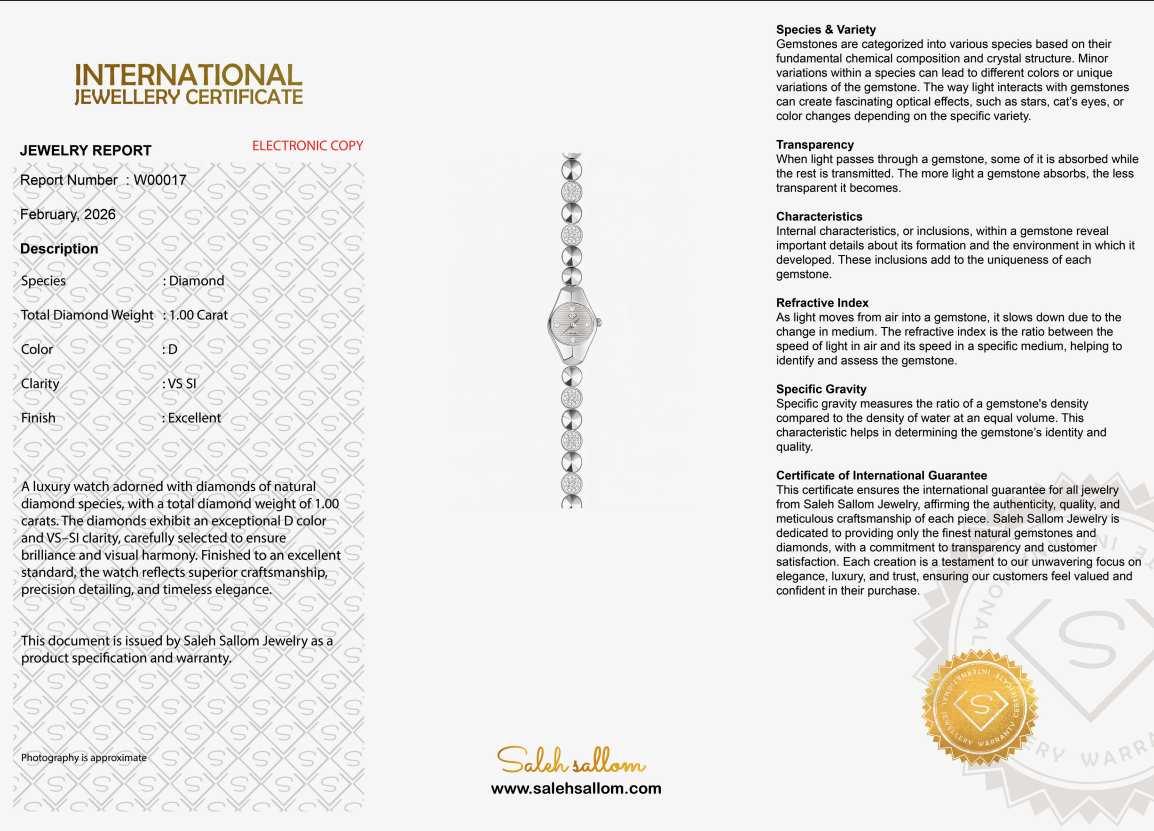 1.00 Carat Natural Diamond Luxury Watch – D Color VS1 | Saleh Sallom-Saleh Sallom