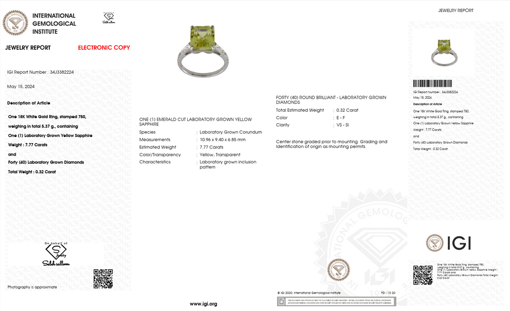 7.77 Carat Emerald-Cut Yellow Lab Sapphire Ring with Diamond Pavé in 18K White Gold | Saleh Sallom-Saleh Sallom