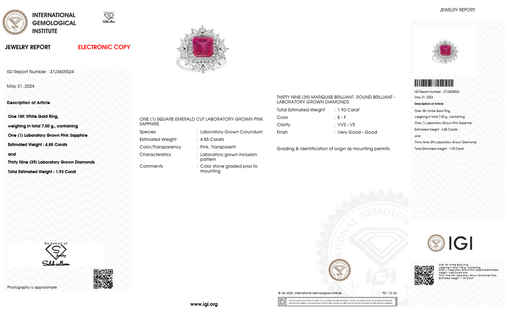 4.85 Carat Emerald-Cut Pink Lab Sapphire Halo Ring with 1.93ct Diamond Cluster in 18K White Gold | Saleh Sallom-Saleh Sallom