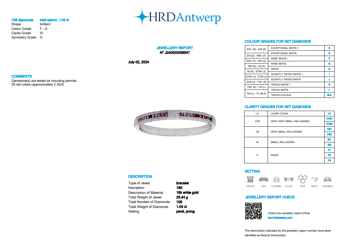 Natural Diamond & Ruby Tennis Bracelet | 1.04 Ct Diamonds | 18K White Gold | HRD Certified | Saleh Sallom-Saleh Sallom