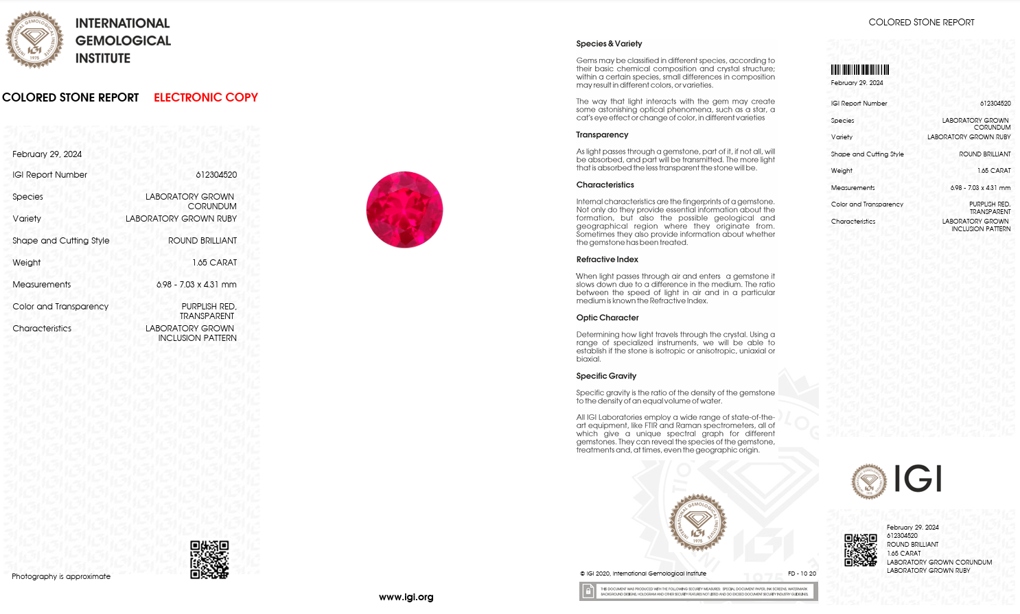 IGI Certified Laboratory Grown Ruby | 1.65 Carat Round Brilliant Cut | Purplish Red Ruby-Saleh Sallom