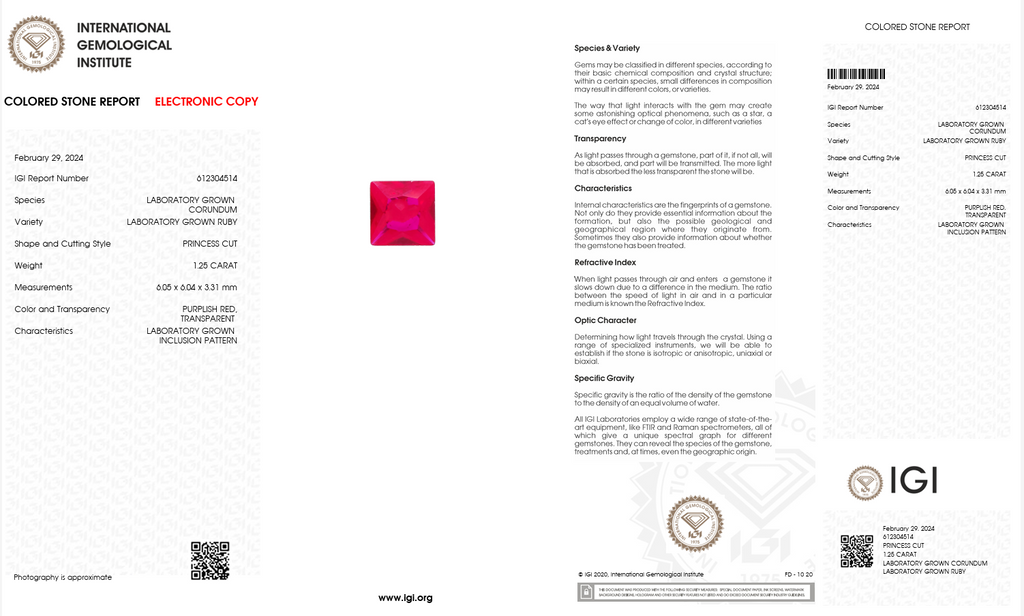 IGI Certified Laboratory Grown Ruby | 1.27 Carat Princess Cut | Purplish Red Ruby Gemstone