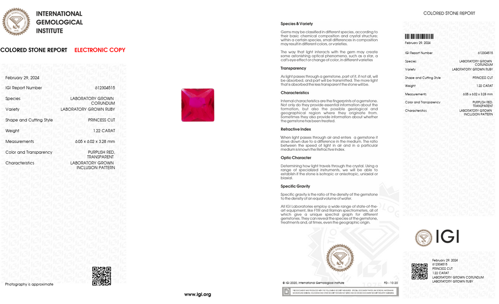 IGI Certified Laboratory Grown Ruby | 1.22 Carat Princess Cut | Purplish Red Ruby