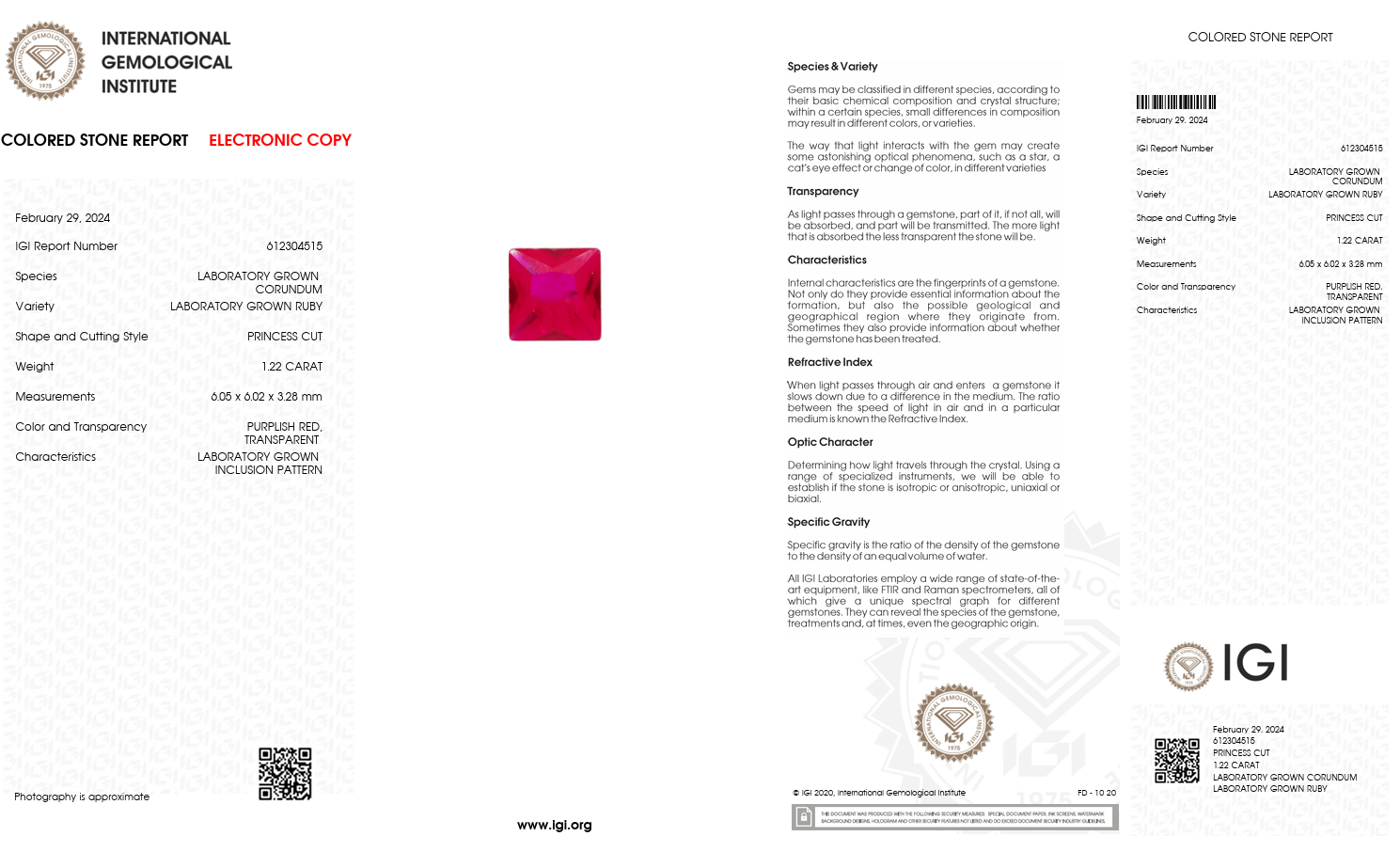 IGI Certified Laboratory Grown Ruby | 1.22 Carat Princess Cut | Purplish Red Ruby