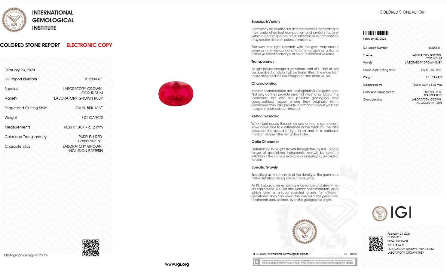IGI Certified Laboratory Grown Ruby | 7.01 Carat Oval Brilliant Cut | Purplish Red Luxury Gemstone Secondary image