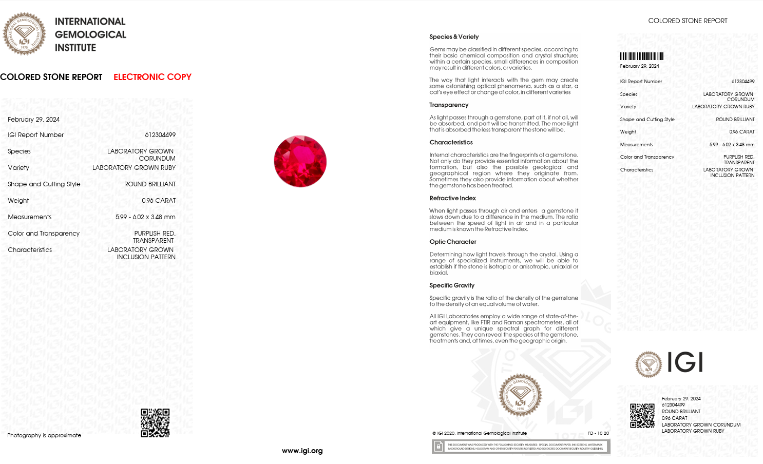 IGI Certified Laboratory Grown Ruby | 0.96 Carat Round Brilliant Cut | Purplish Red Ruby Secondary image