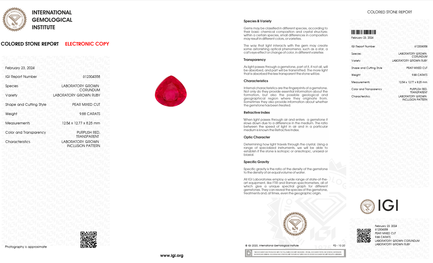IGI Certified Laboratory Grown Ruby | 9.88 Carat Pear Mixed Cut | Purplish Red Luxury Gemstone Secondary image