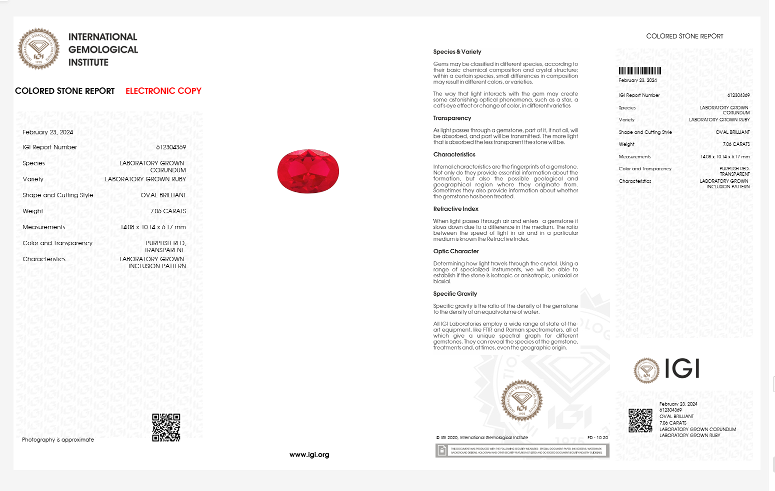 IGI Certified Laboratory Grown Ruby | 7.06 Carat Oval Brilliant Cut | Purplish Red Luxury Gemstone Secondary image
