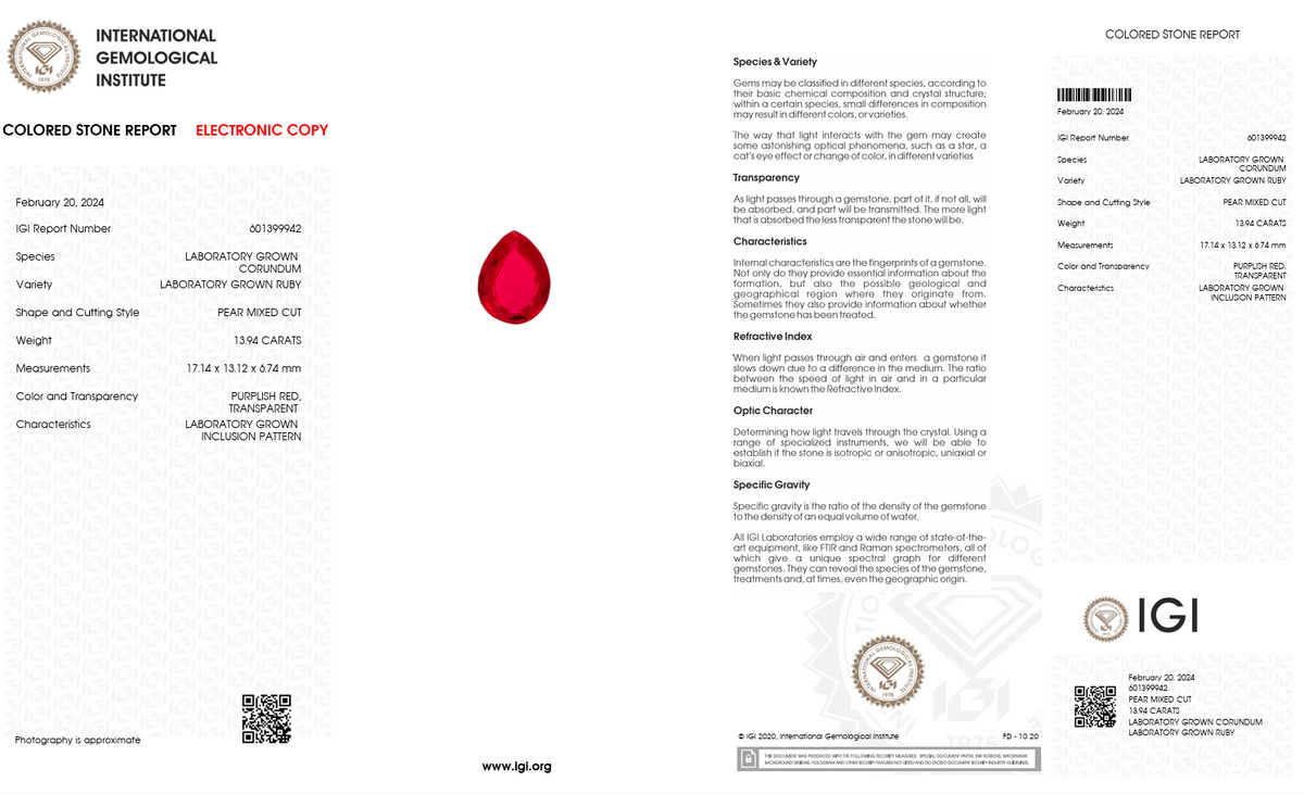 IGI Certified Laboratory Grown Ruby | 13.94 Carat Pear Mixed Cut | Purplish Red Elite Gemstone-Saleh Sallom