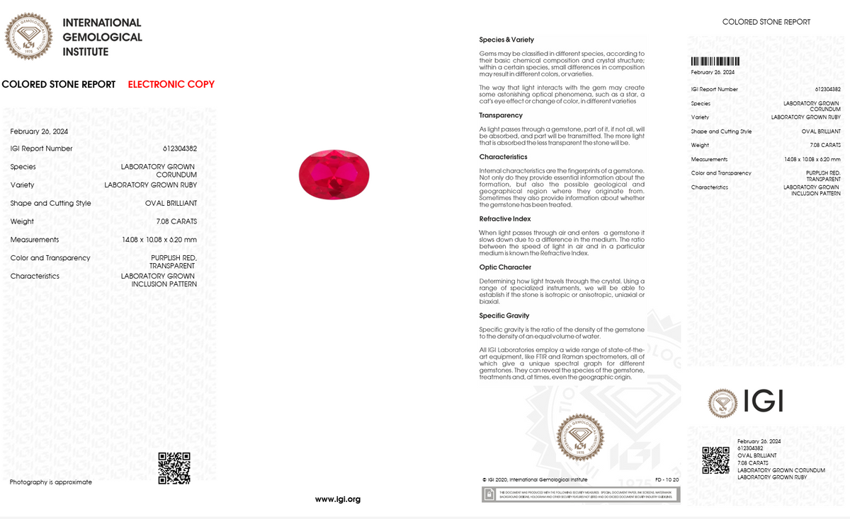 IGI Certified Laboratory Grown Ruby | 7.08 Carat Oval Brilliant Cut | Purplish Red Luxury Gemstone-Saleh Sallom