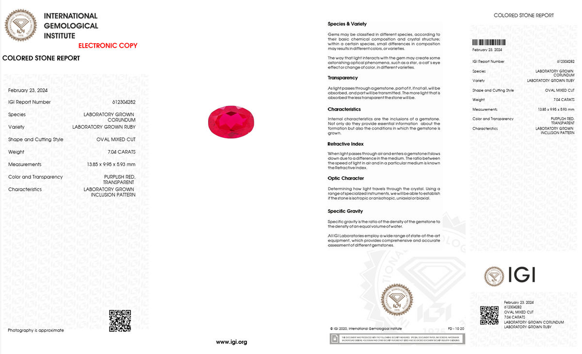 IGI Certified Laboratory Grown Ruby | 7.04 Carat Oval Mixed Cut | Purplish Red Luxury Gemstone-Saleh Sallom
