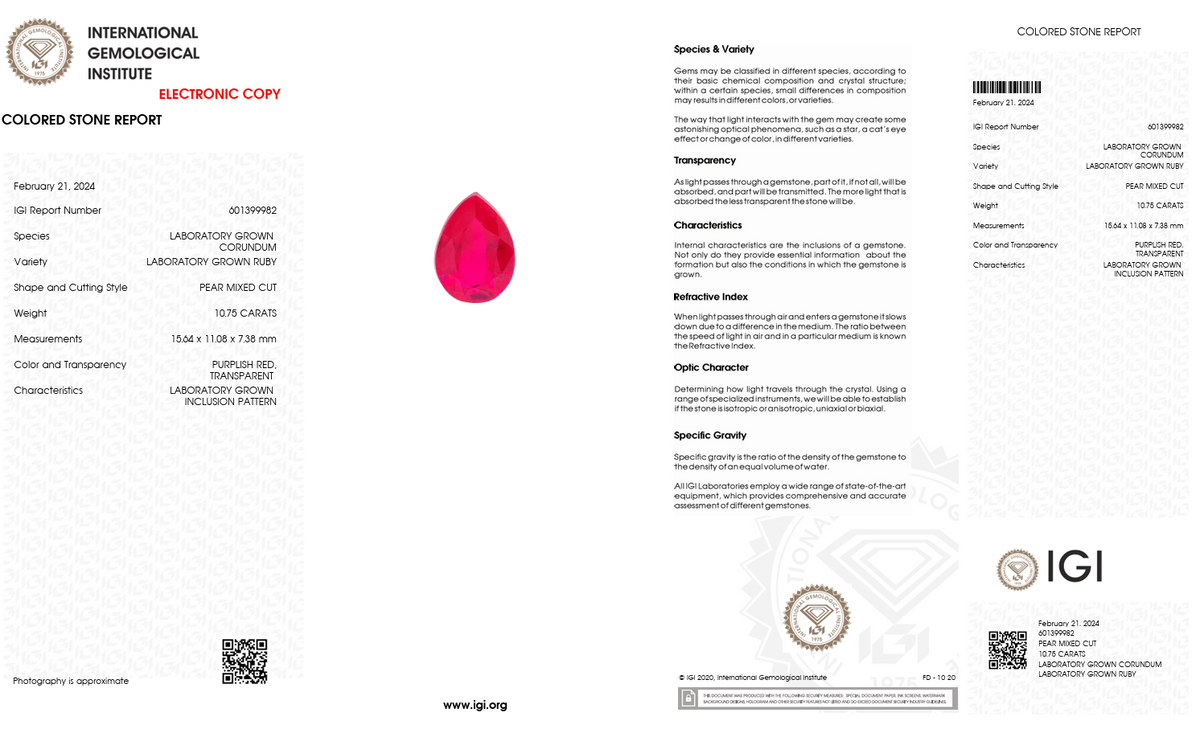 IGI Certified Laboratory Grown Ruby | 10.75 Carat Pear Mixed Cut | Purplish Red Luxury Gemstone-Saleh Sallom