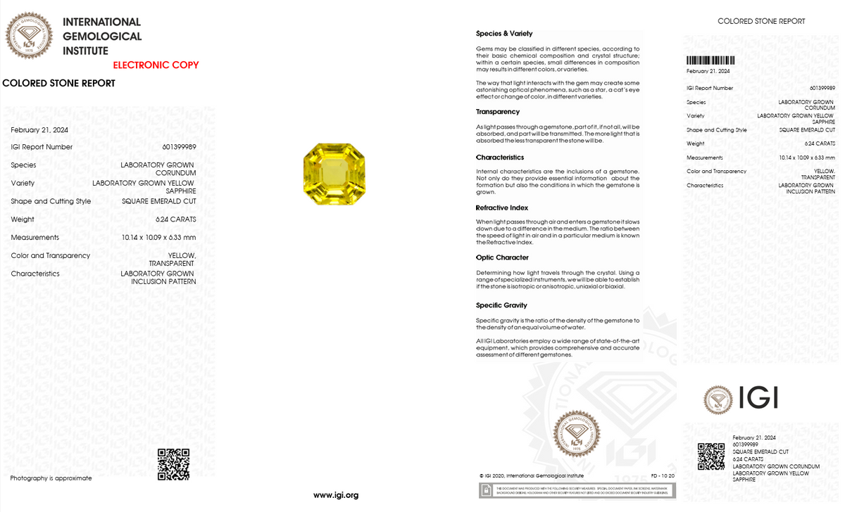 IGI Certified Laboratory Grown Yellow Sapphire | 6.24 Carat Square Emerald Cut | Bright Yellow Luxury Gemstone-Saleh Sallom
