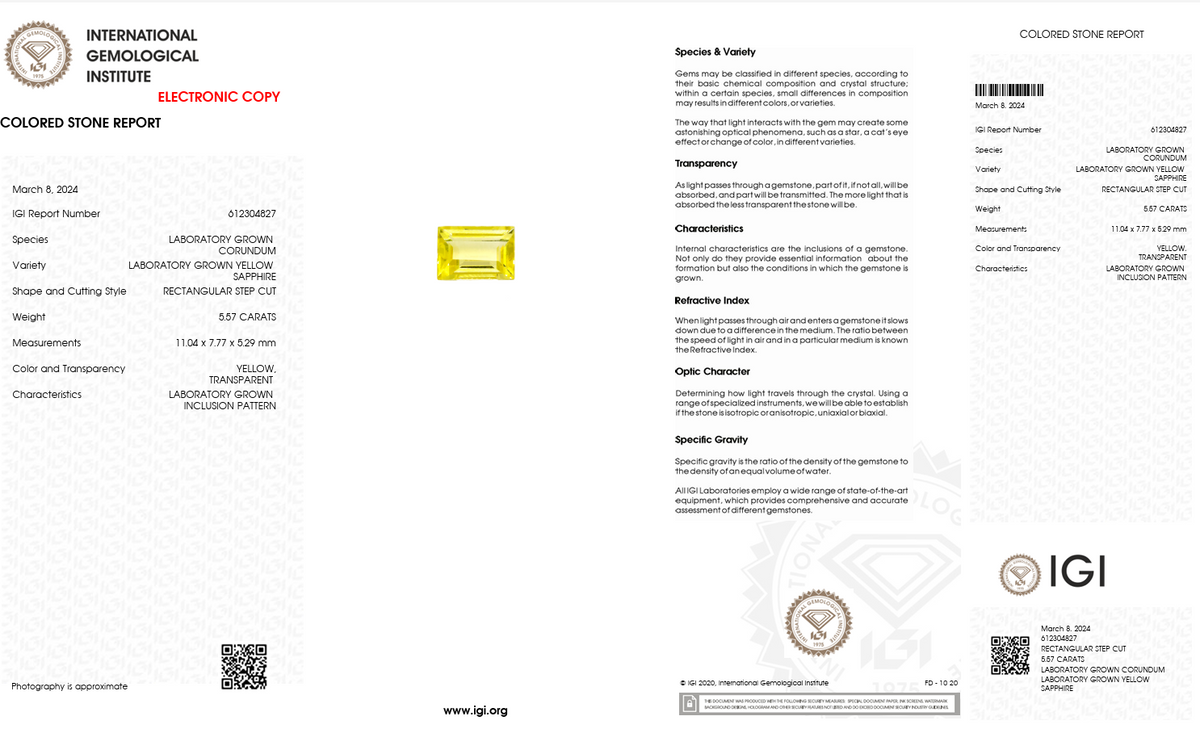 IGI Certified Laboratory Grown Yellow Sapphire | 5.57 Carat Rectangular Step Cut | Elegant Yellow Gemstone-Saleh Sallom