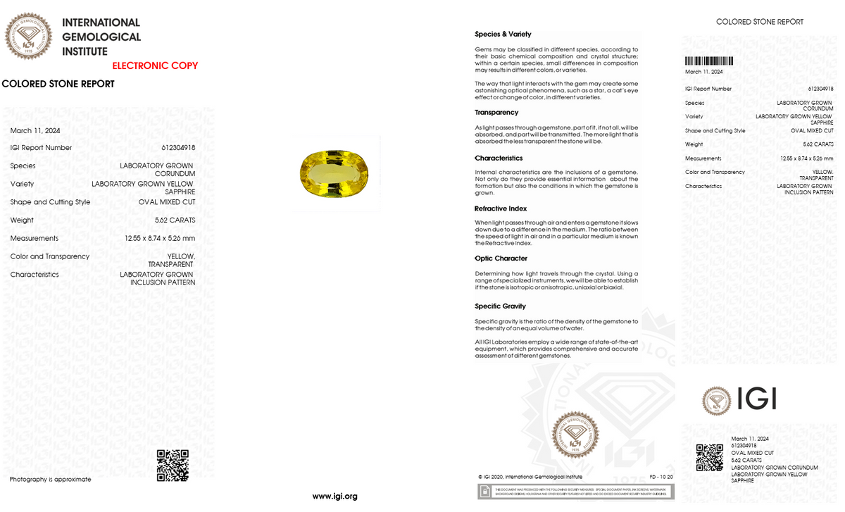 IGI Certified Laboratory Grown Yellow Sapphire | 5.62 Carat Oval Cut | Bright Yellow Luxury Gemstone-Saleh Sallom