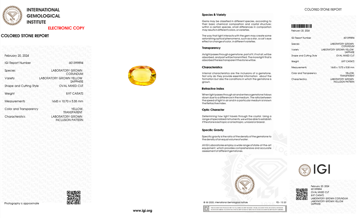 IGI Certified Laboratory Grown Yellow Sapphire | 8.97 Carat Oval Cut | Premium Yellow Statement Gemstone-Saleh Sallom