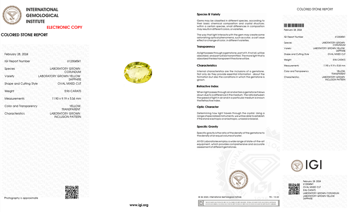 IGI Certified Laboratory Grown Yellow Sapphire | 5.96 Carat Oval Cut | Bright Yellow Luxury Gemstone-Saleh Sallom