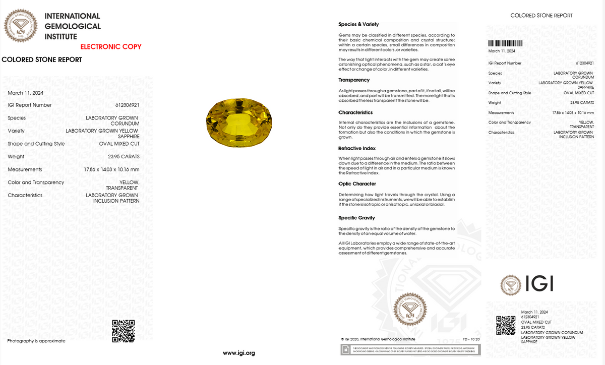 IGI Certified Laboratory Grown Yellow Sapphire | 23.95 Carat Oval Cut | Ultra High Jewelry Statement Gemstone-Saleh Sallom