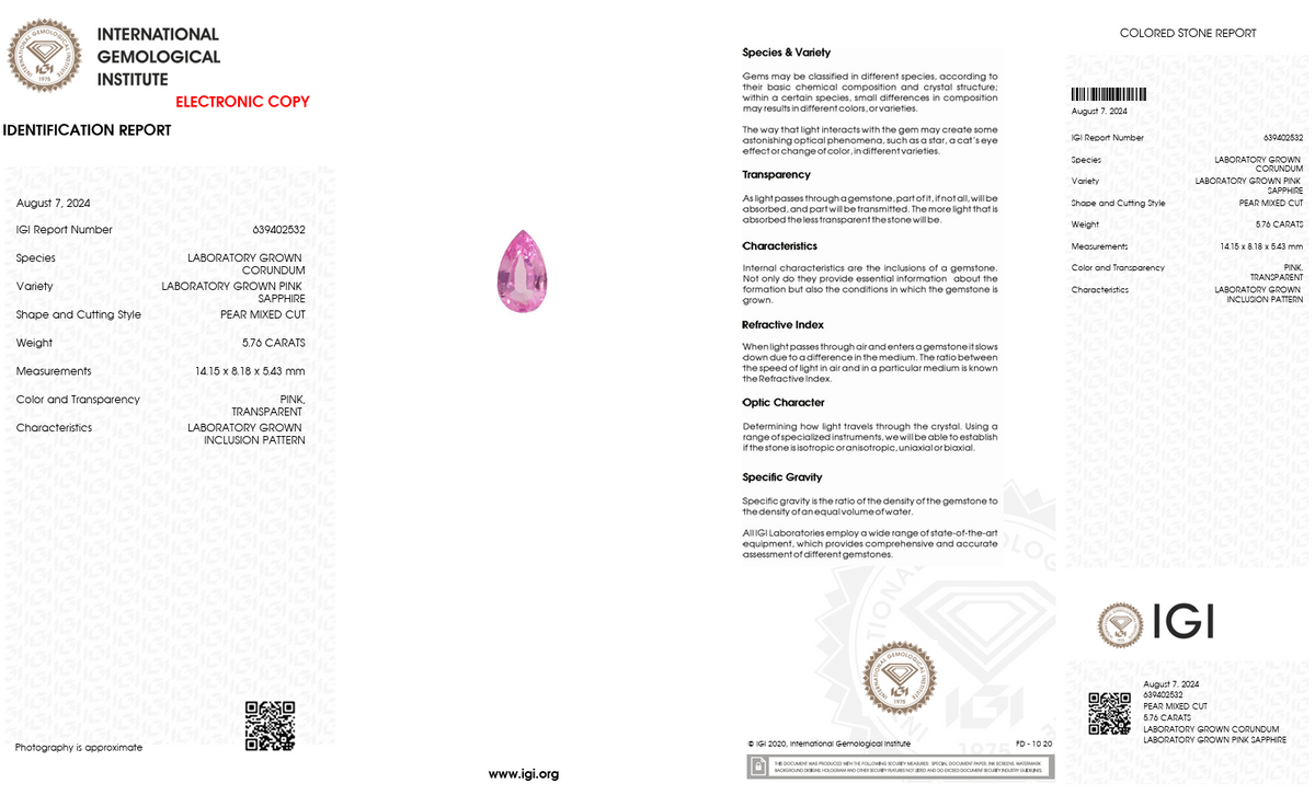 IGI Certified Laboratory Grown Pink Sapphire | 5.76 Carat Pear Cut | Elegant Luxury Gemstone-Saleh Sallom
