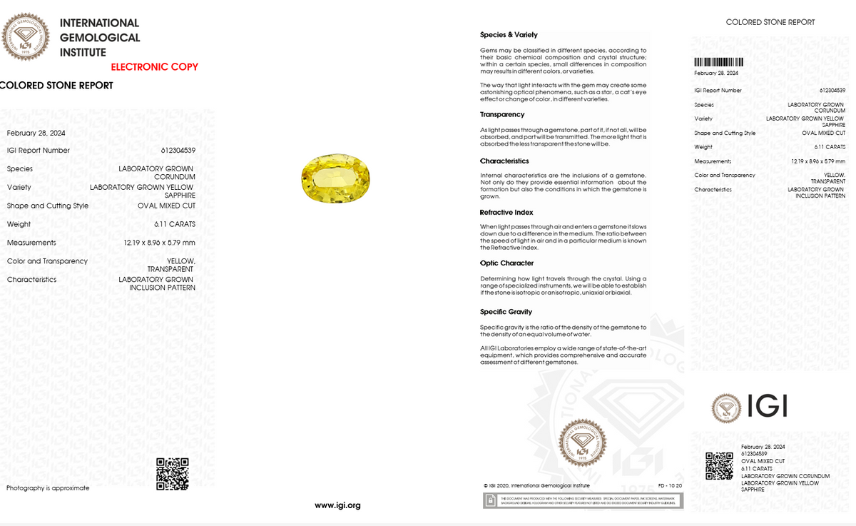 IGI Certified Laboratory Grown Yellow Sapphire | 6.11 Carat Oval Cut | Premium Statement Gemstone-Saleh Sallom