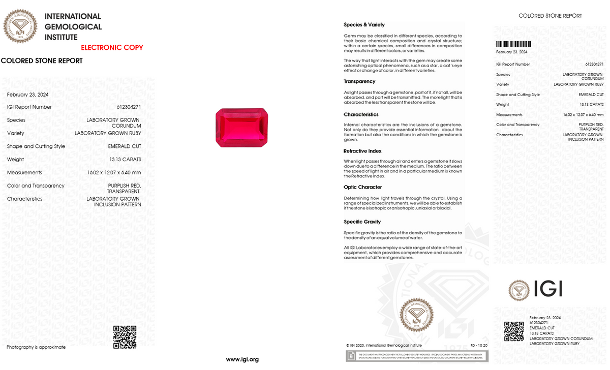 IGI Certified Laboratory Grown Ruby | 13.13 Carat Emerald Cut | Ultra Luxury Statement Gemstone-Saleh Sallom