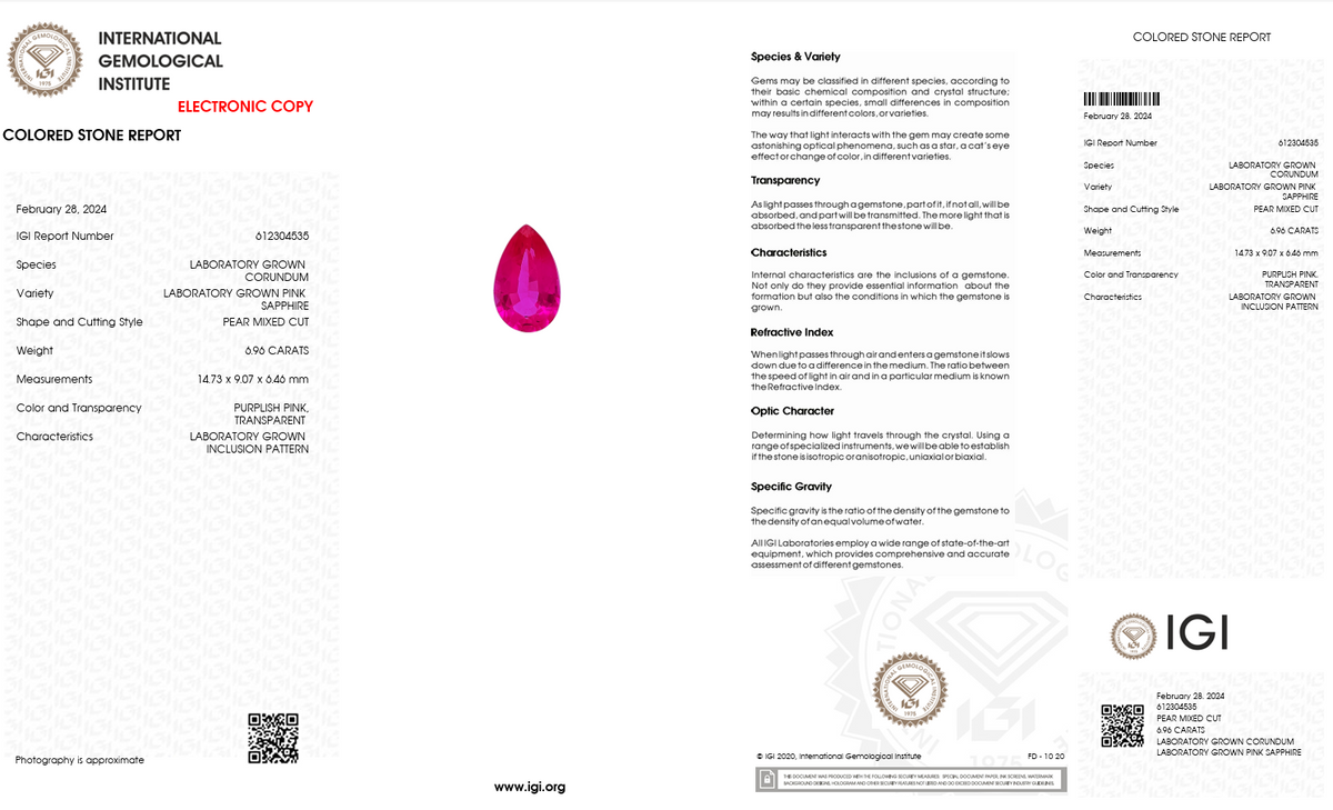 IGI Certified Laboratory Grown Pink Sapphire | 6.96 Carat Pear Cut | Premium Statement Gemstone-Saleh Sallom
