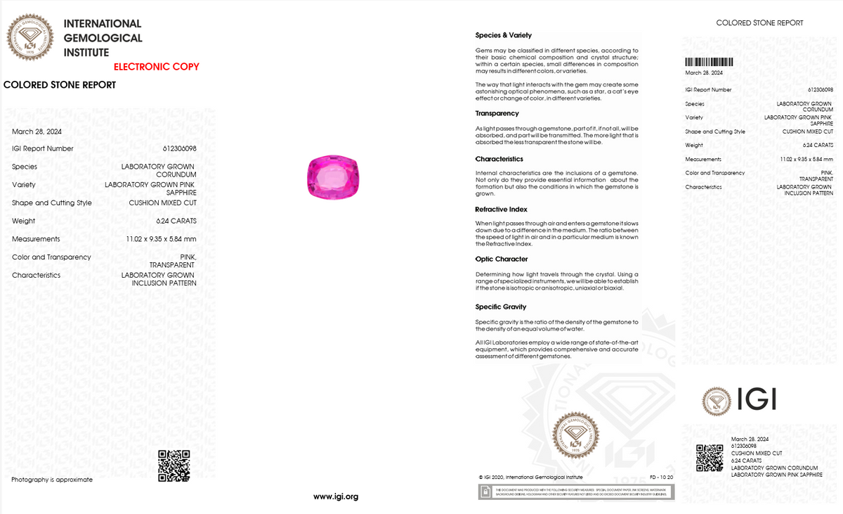 IGI Certified Laboratory Grown Pink Sapphire | 6.24 Carat Cushion Cut | Premium Luxury Gemstone-Saleh Sallom