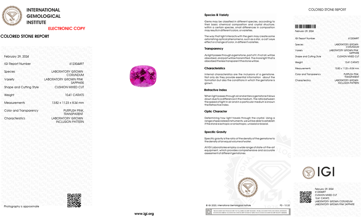 IGI Certified Laboratory Grown Purplish Pink Sapphire | 10.41 Carat Cushion Cut | Collector Luxury Gemstone-Saleh Sallom