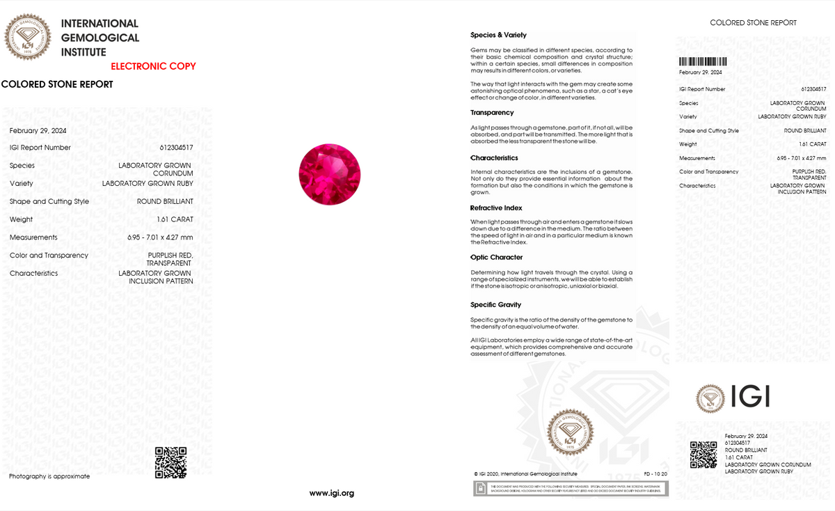 IGI Certified Laboratory Grown Ruby | 1.61 Carat Round Brilliant Cut | Purplish Red Gemstone-Saleh Sallom