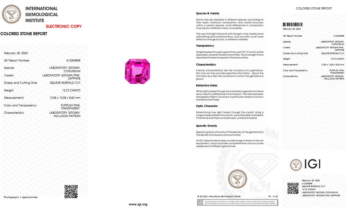 IGI Certified Laboratory Grown Purplish Pink Sapphire | 12.72 Carat Square Emerald Cut | Luxury Statement Gemstone-Saleh Sallom