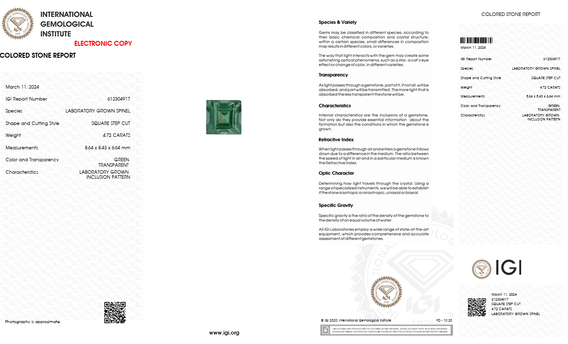 IGI Certified Laboratory Grown Green Spinel | 4.72 Carat Square Step Cut | Luxury Gemstone-Saleh Sallom