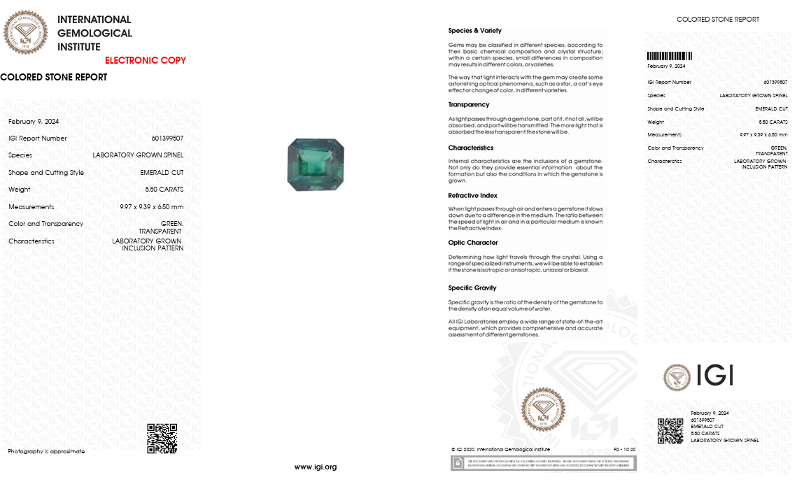 IGI Certified Laboratory Grown Green Spinel | 5.50 Carat Emerald Cut | Luxury Gemstone-Saleh Sallom