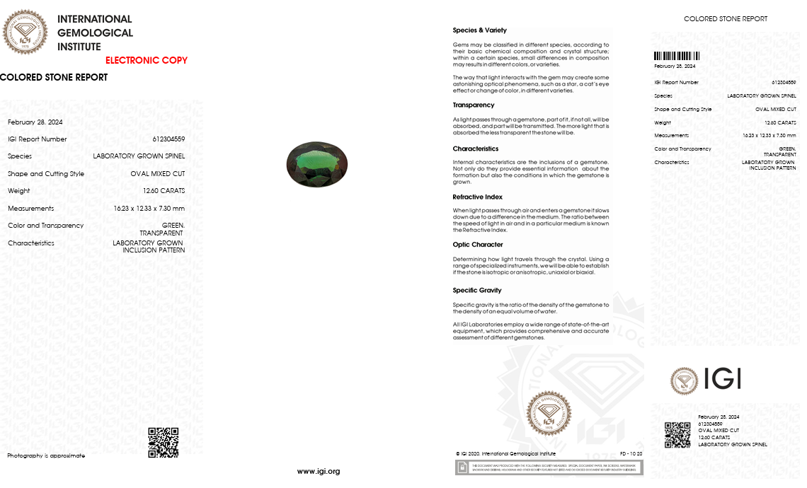 IGI Certified Laboratory Grown Green Spinel | 12.60 Carat Oval Mixed Cut | Luxury Statement Gemstone-Saleh Sallom
