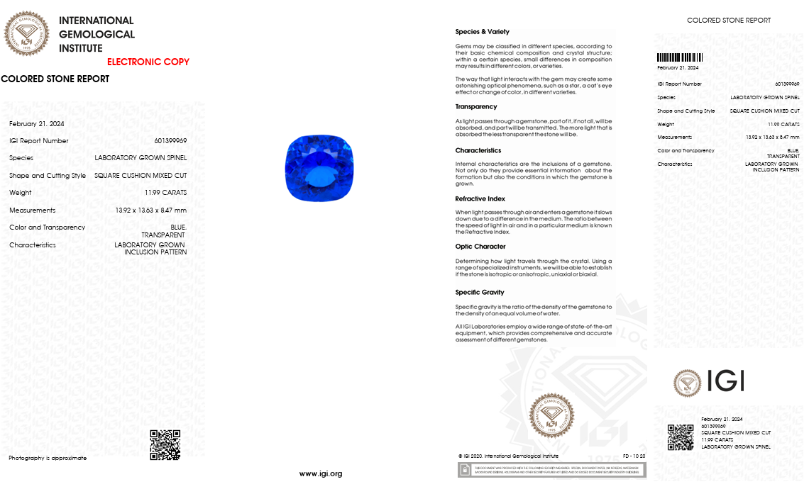 IGI Certified Laboratory Grown Blue Spinel | 11.99 Carat Square Cushion Mixed Cut | Luxury Statement-Saleh Sallom