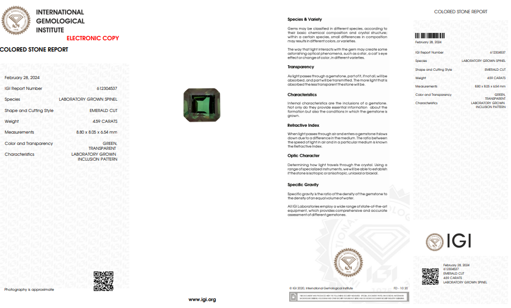 IGI Certified Laboratory Grown Green Spinel | 4.59 Carat Emerald Cut | Luxury Gemstone-Saleh Sallom