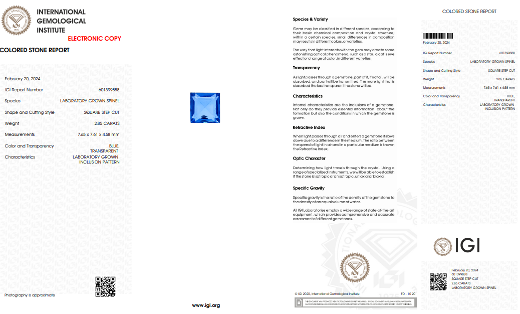 IGI Certified Laboratory Grown Blue Spinel | 2.85 Carat Square Step Cut | Luxury Gemstone-Saleh Sallom
