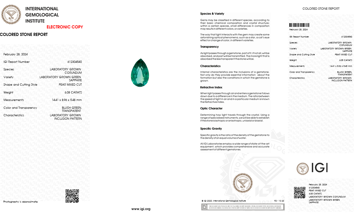 IGI Certified Laboratory Grown Bluish Green Sapphire | 6.08 Carat Pear Mixed Cut | Luxury Statement Gemstone-Saleh Sallom
