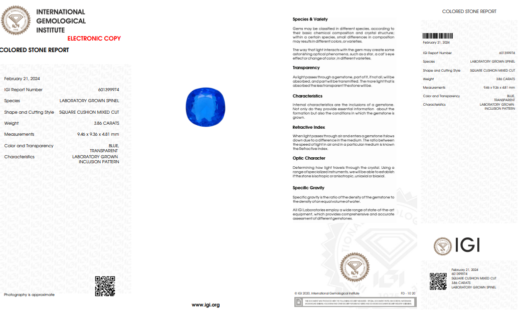 IGI Certified Laboratory Grown Blue Spinel | 3.86 Carat Square Cushion Mixed Cut | Luxury Gemstone-Saleh Sallom